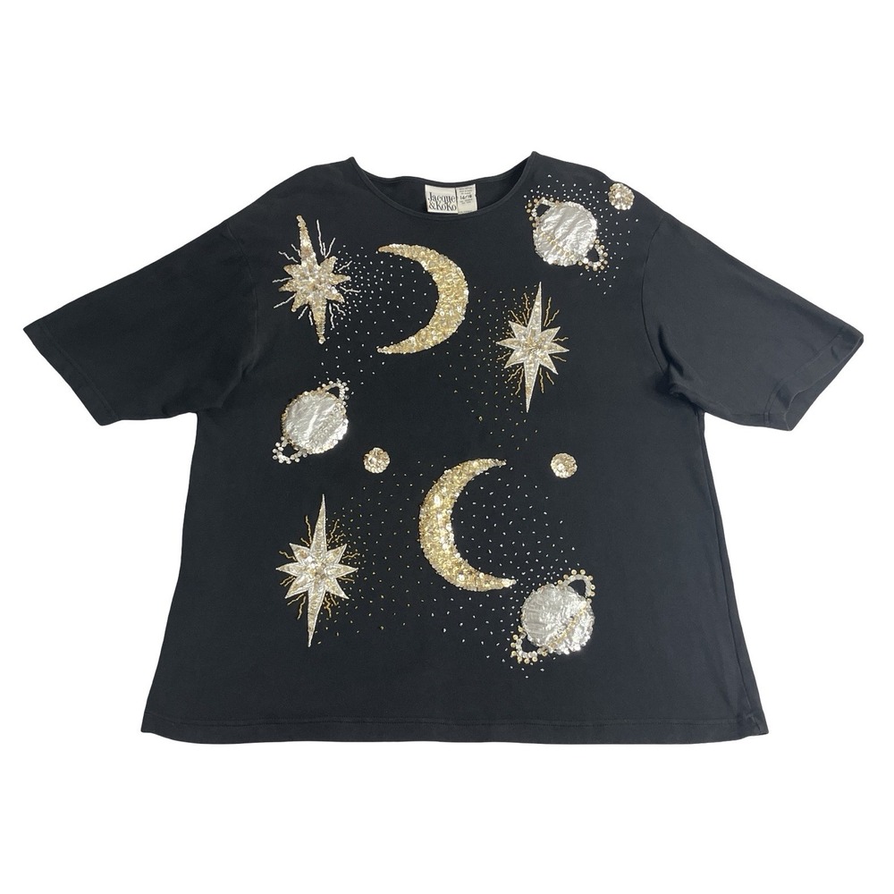 Vintage 90s Jacque & Koko Celestial Top Womens 14/16 Moon Stars Sequin Beaded